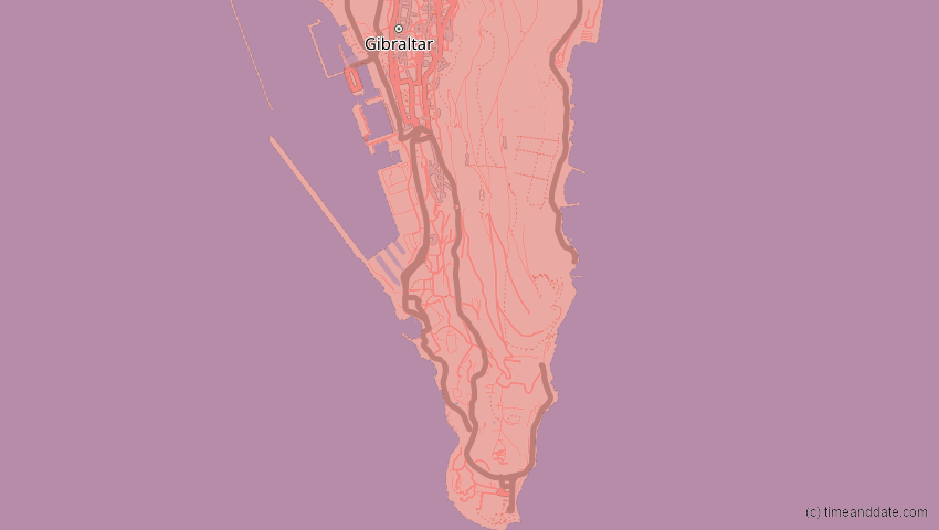 A map of Gibraltar, United Kingdom, showing the path of the 2026年8月12日 (水) Total Solar Eclipse