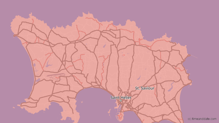 A map of Jersey, United Kingdom, showing the path of the 2026年8月12日 (水) Total Solar Eclipse