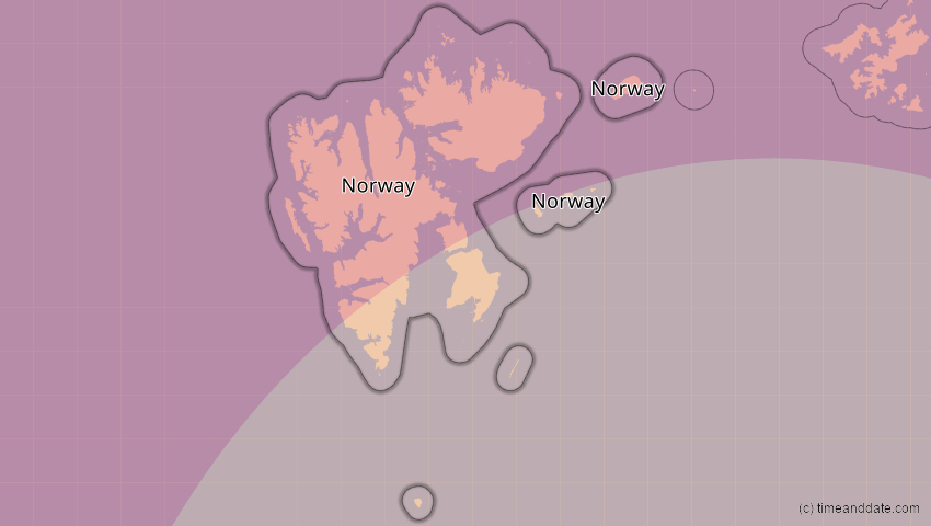A map of Svalbard, Norway, showing the path of the Aug 12, 2026 Total Solar Eclipse