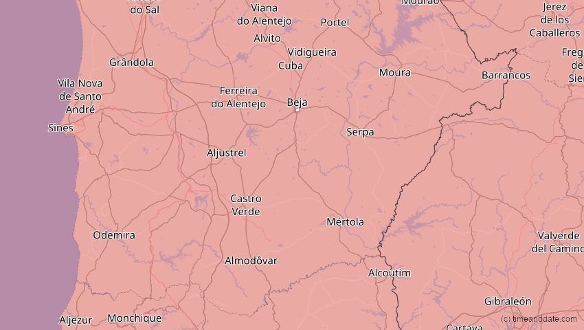 A map of Beja, Portugal, showing the path of the 12. Aug 2026 Totale Sonnenfinsternis