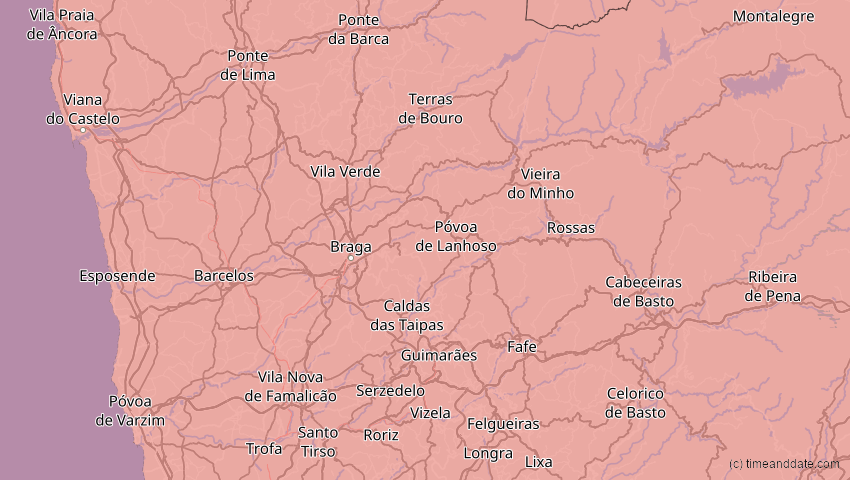A map of Braga, Portugal, showing the path of the Aug 12, 2026 Total Solar Eclipse