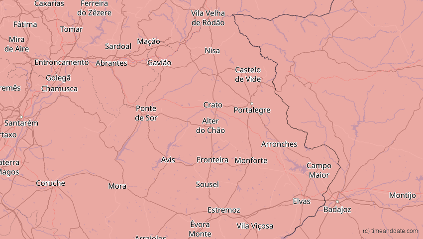 A map of Portalegre, Portugal, showing the path of the 2026年8月12日 (水) Total Solar Eclipse