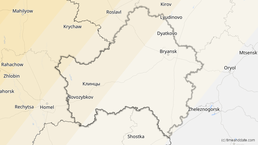 A map of Brjansk, Russland, showing the path of the 12. Aug 2026 Totale Sonnenfinsternis