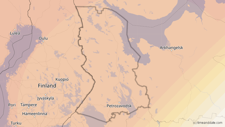 A map of Karelia, Russia, showing the path of the Aug 12, 2026 Total Solar Eclipse