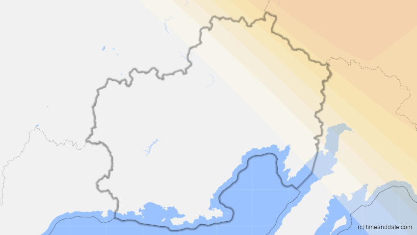 A map of Magadan, Russland, showing the path of the 13. Aug 2026 Totale Sonnenfinsternis