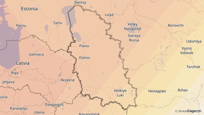 A map of Pskov, Russia, showing the path of the Aug 12, 2026 Total Solar Eclipse