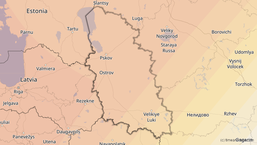 A map of Pskov, Russia, showing the path of the 2026年8月12日 (水) Total Solar Eclipse