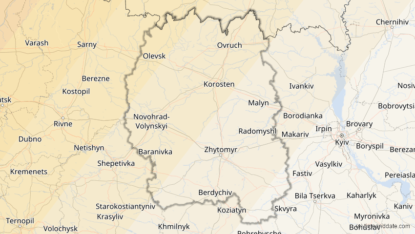 A map of Zhytomyr, Ukraine, showing the path of the Aug 12, 2026 Total Solar Eclipse