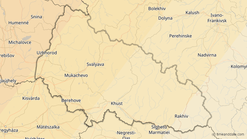 A map of Transkarpatien, Ukraine, showing the path of the 12. Aug 2026 Totale Sonnenfinsternis