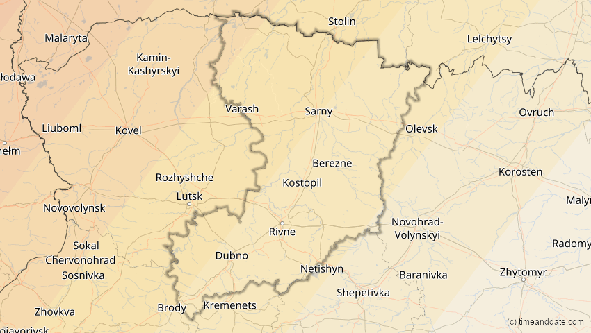 A map of Rivne, Ukraine, showing the path of the 2026年8月12日 (水) Total Solar Eclipse