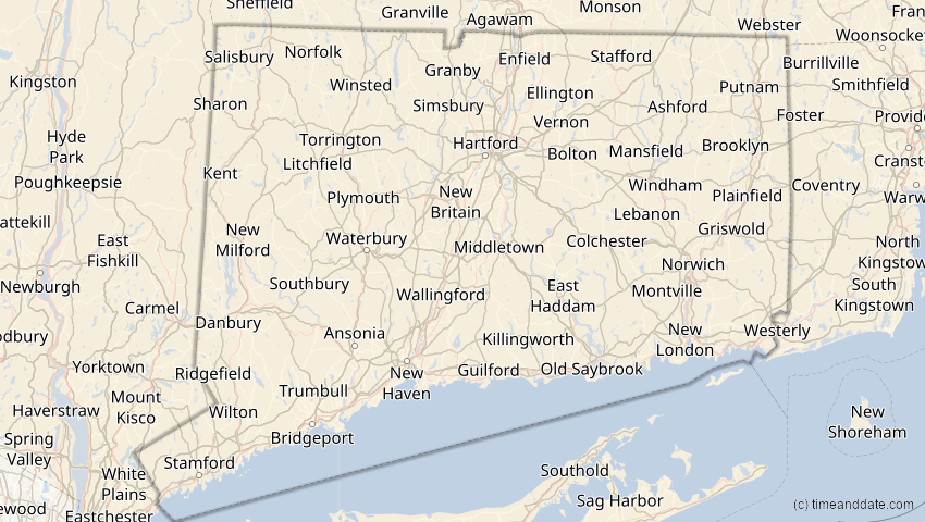 A map of Connecticut, USA, showing the path of the 12. Aug 2026 Totale Sonnenfinsternis