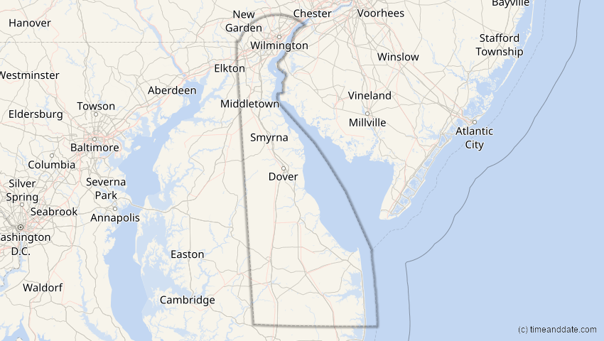 A map of Delaware, USA, showing the path of the 12. Aug 2026 Totale Sonnenfinsternis