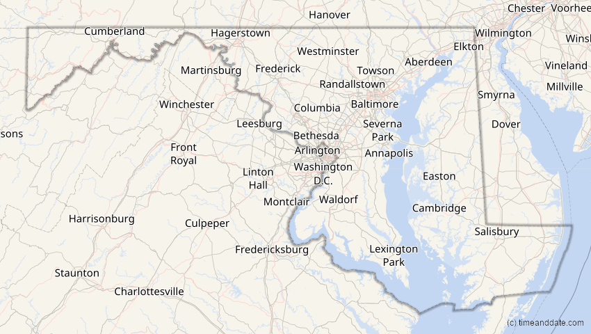 A map of Maryland, USA, showing the path of the 12. Aug 2026 Totale Sonnenfinsternis