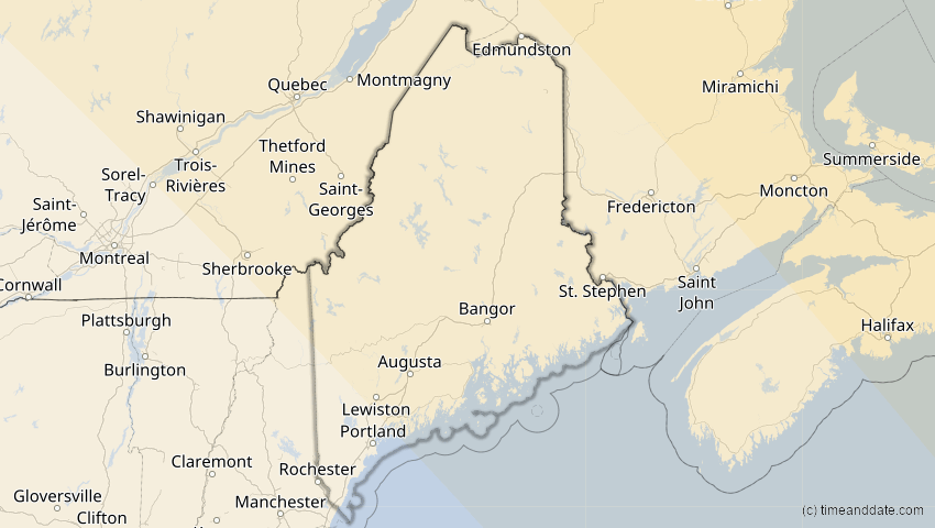 A map of Maine, United States, showing the path of the Aug 12, 2026 Total Solar Eclipse