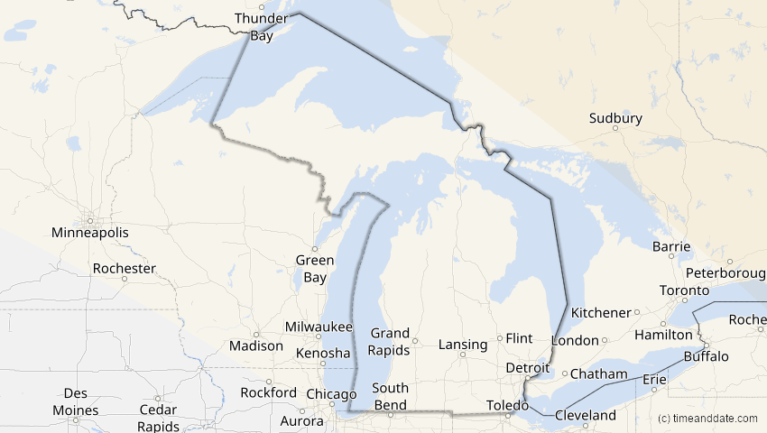 A map of Michigan, USA, showing the path of the 12. Aug 2026 Totale Sonnenfinsternis