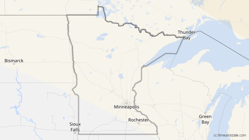 A map of Minnesota, USA, showing the path of the 12. Aug 2026 Totale Sonnenfinsternis