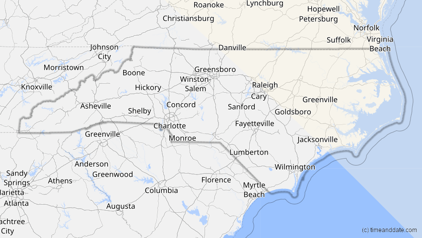 A map of North Carolina, USA, showing the path of the 12. Aug 2026 Totale Sonnenfinsternis