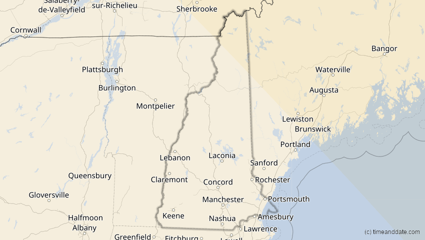 A map of New Hampshire, USA, showing the path of the 12. Aug 2026 Totale Sonnenfinsternis