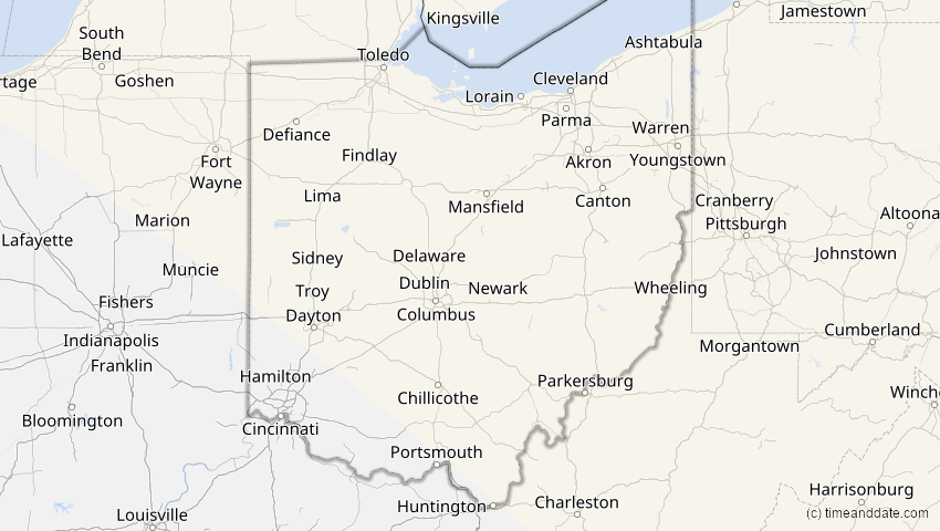 A map of Ohio, United States, showing the path of the Aug 12, 2026 Total Solar Eclipse