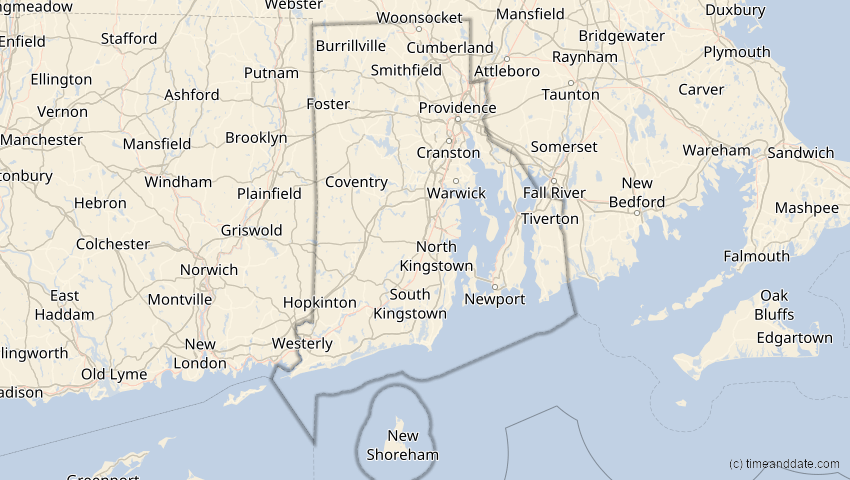 A map of Rhode Island, USA, showing the path of the 12. Aug 2026 Totale Sonnenfinsternis