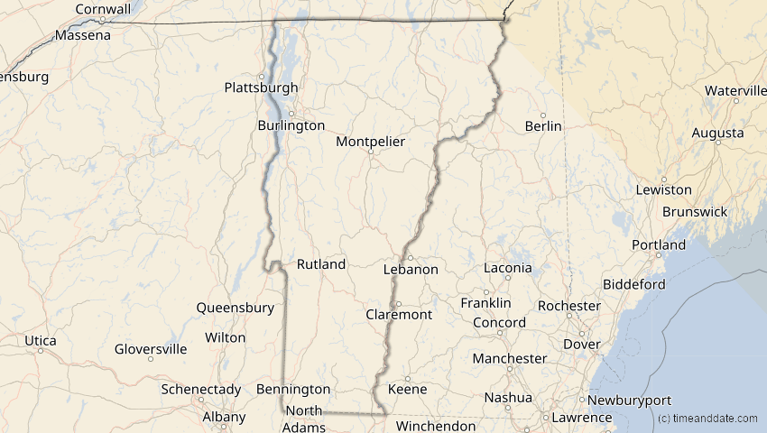 A map of Vermont, United States, showing the path of the Aug 12, 2026 Total Solar Eclipse