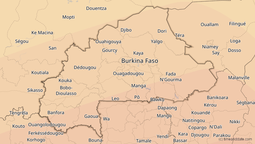A map of Burkina Faso, showing the path of the Feb 6, 2027 Annular Solar Eclipse