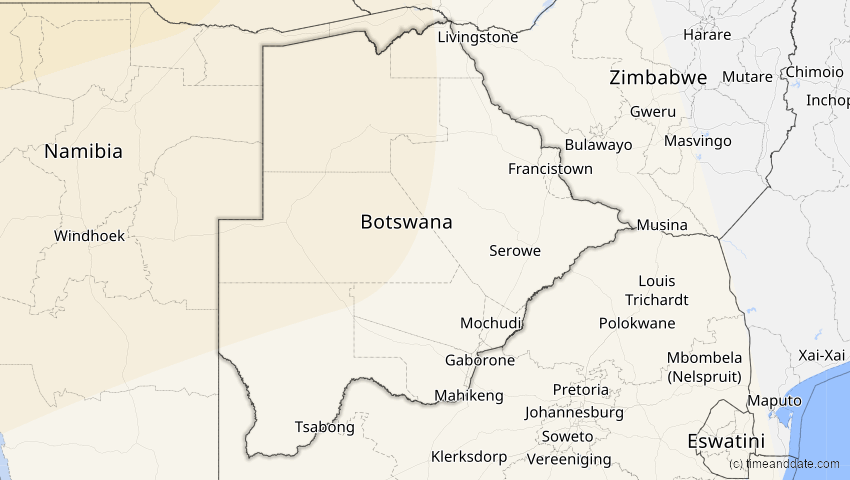 A map of Botswana, showing the path of the Feb 6, 2027 Annular Solar Eclipse
