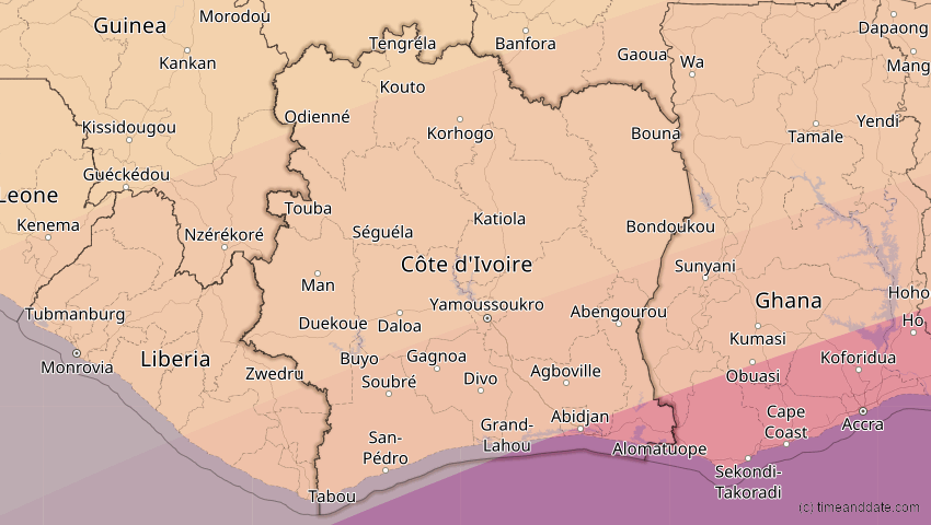 A map of Cote d'Ivoire, showing the path of the Feb 6, 2027 Annular Solar Eclipse