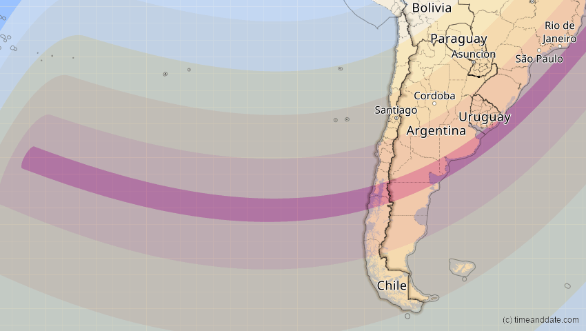 A map of Chile, showing the path of the 6. Feb 2027 Ringförmige Sonnenfinsternis