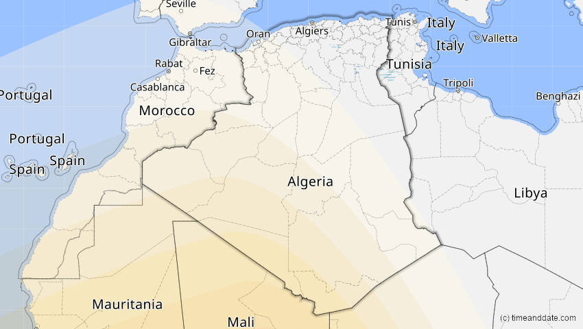 A map of Algeria, showing the path of the Feb 6, 2027 Annular Solar Eclipse