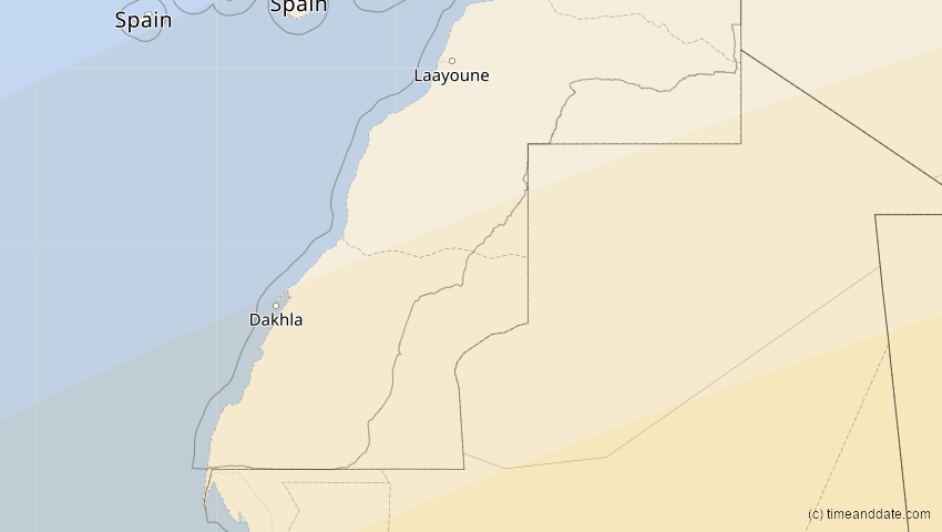 A map of Western Sahara, showing the path of the Feb 6, 2027 Annular Solar Eclipse