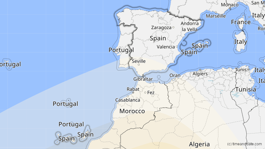 A map of Spain, showing the path of the Feb 6, 2027 Annular Solar Eclipse