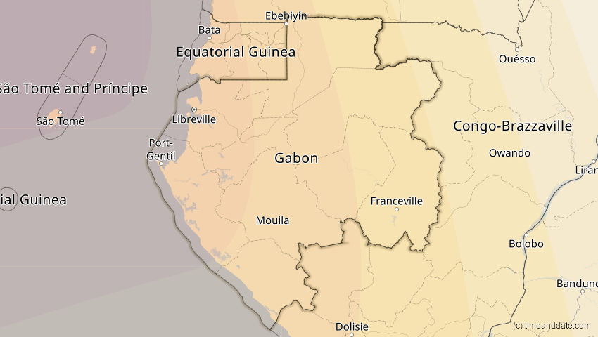A map of Gabon, showing the path of the Feb 6, 2027 Annular Solar Eclipse
