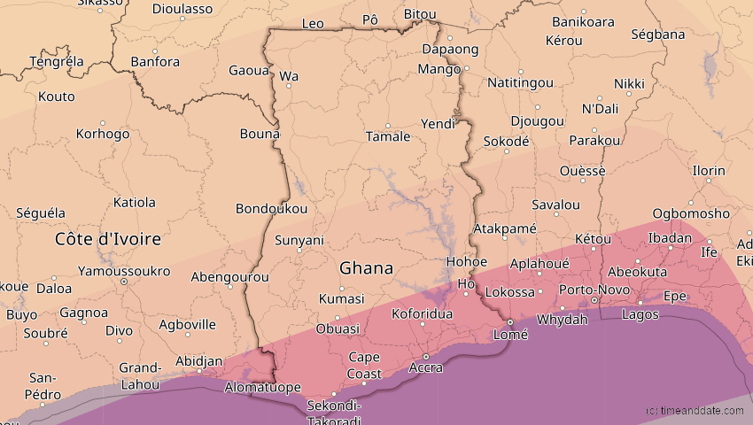 A map of Ghana, showing the path of the Feb 6, 2027 Annular Solar Eclipse