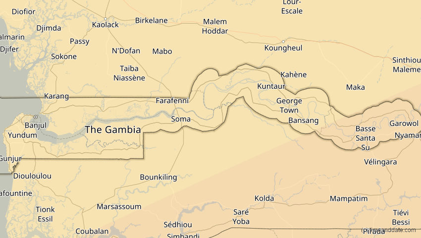 A map of Gambia, showing the path of the Feb 6, 2027 Annular Solar Eclipse