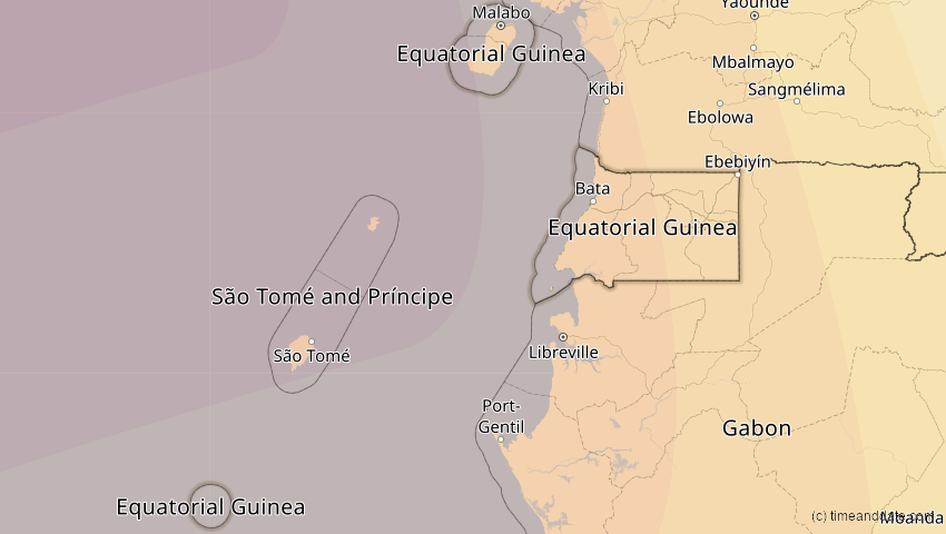 A map of Äquatorialguinea, showing the path of the 6. Feb 2027 Ringförmige Sonnenfinsternis