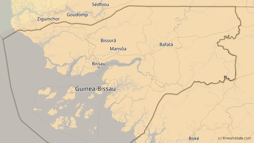 A map of Guinea-Bissau, showing the path of the Feb 6, 2027 Annular Solar Eclipse