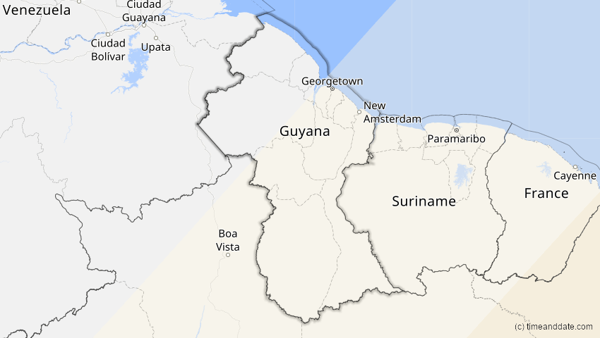 A map of Guyana, showing the path of the 6. Feb 2027 Ringförmige Sonnenfinsternis