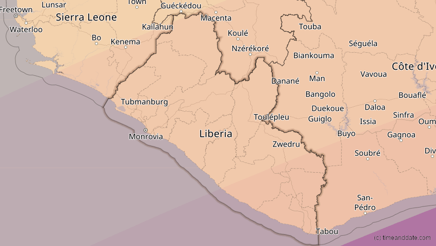 A map of Liberia, showing the path of the Feb 6, 2027 Annular Solar Eclipse