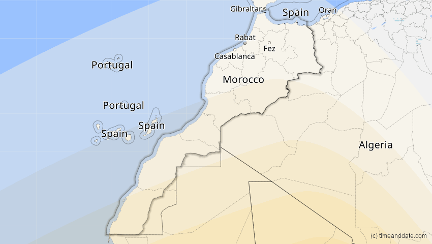 A map of Morocco, showing the path of the Feb 6, 2027 Annular Solar Eclipse