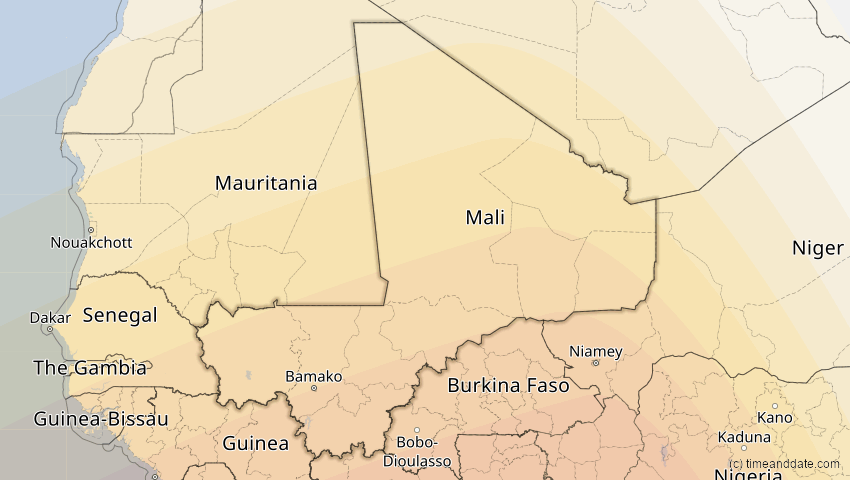 A map of Mali, showing the path of the Feb 6, 2027 Annular Solar Eclipse