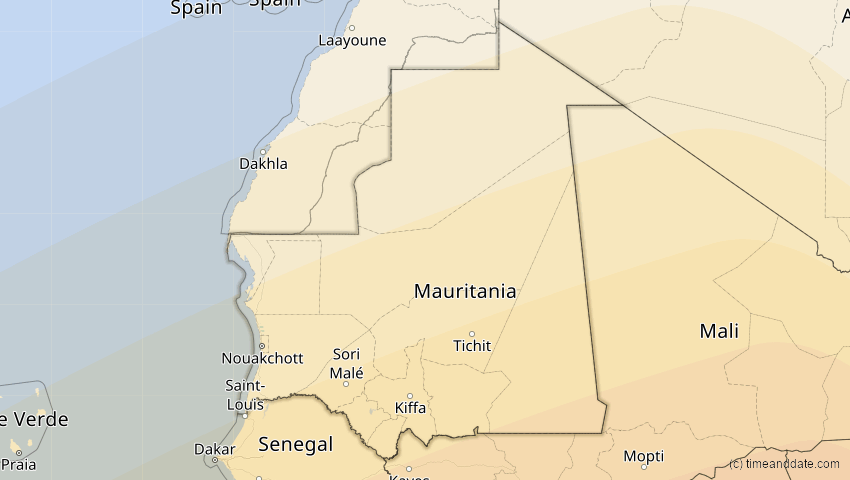 A map of Mauritania, showing the path of the Feb 6, 2027 Annular Solar Eclipse