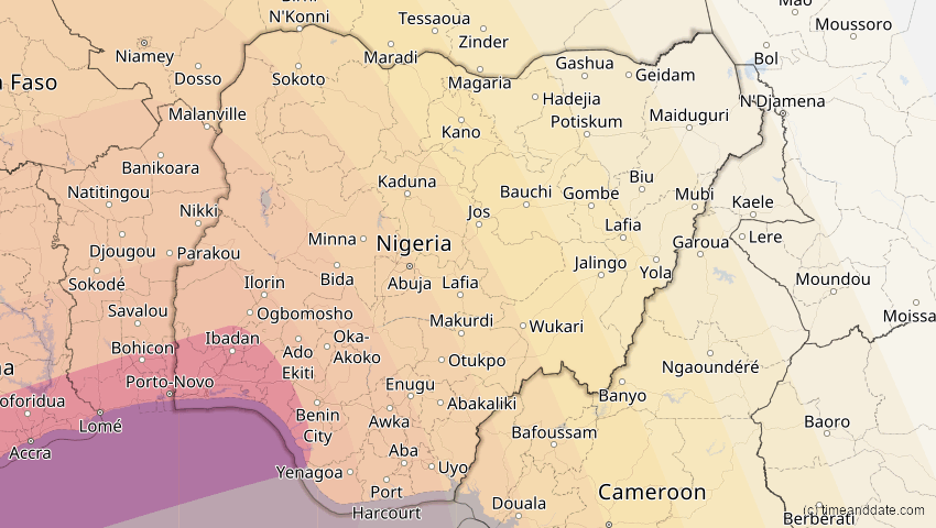 A map of Nigeria, showing the path of the 6. Feb 2027 Ringförmige Sonnenfinsternis