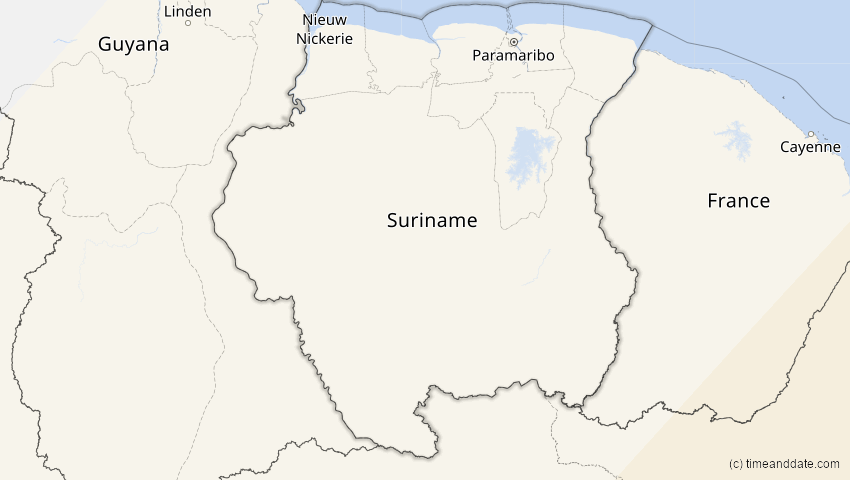A map of Suriname, showing the path of the 6. Feb 2027 Ringförmige Sonnenfinsternis