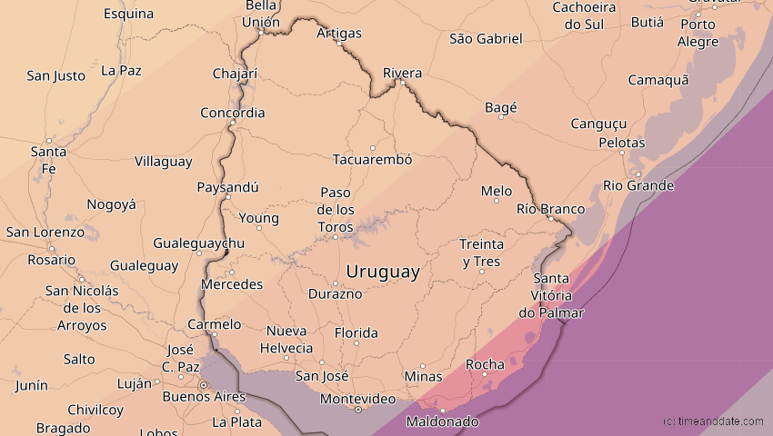 A map of Uruguay, showing the path of the Feb 6, 2027 Annular Solar Eclipse
