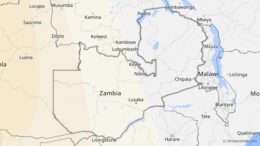 A map of Zambia, showing the path of the Feb 6, 2027 Annular Solar Eclipse