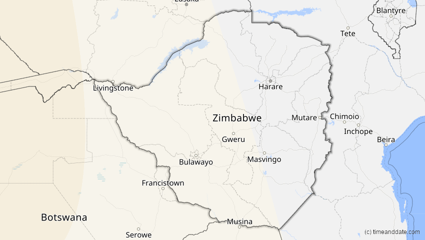 A map of Zimbabwe, showing the path of the Feb 6, 2027 Annular Solar Eclipse