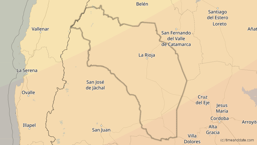 A map of Rioja, Argentinien, showing the path of the 6. Feb 2027 Ringförmige Sonnenfinsternis