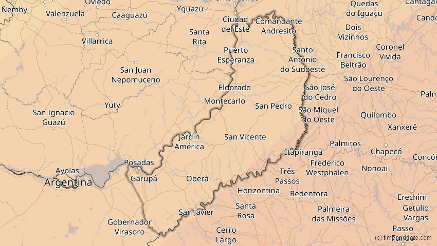 A map of Misiones, Argentinien, showing the path of the 6. Feb 2027 Ringförmige Sonnenfinsternis