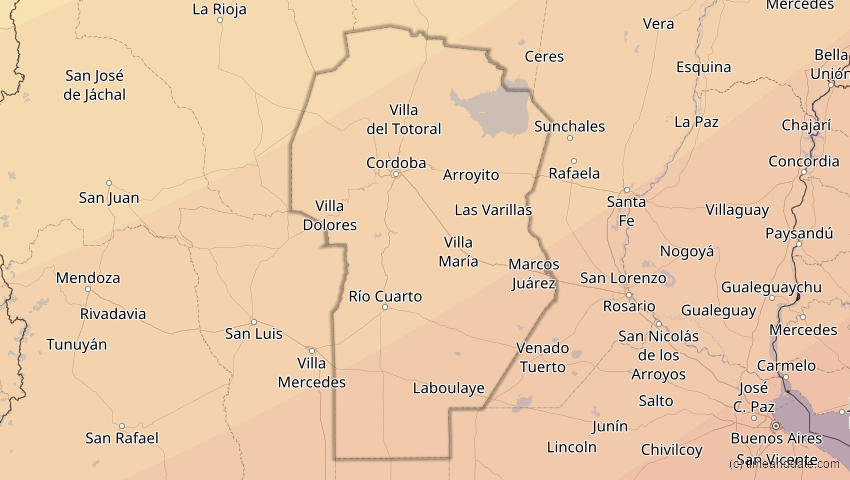 A map of Córdoba, Argentinien, showing the path of the 6. Feb 2027 Ringförmige Sonnenfinsternis